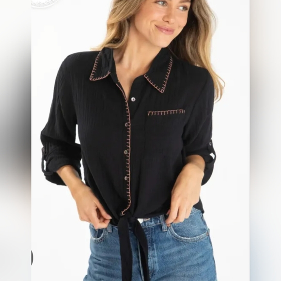 NATURAL LIFE Black Button-Down Shirt with Pinkish Stitching - Picture 1 of 3